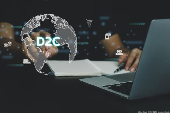 Digitale Darstellung von D2C im E-Commerce: Hand vor Laptop, globale Vernetzung, Symbole für Direktvertrieb ohne Zwischenhändler im Wohnsegment